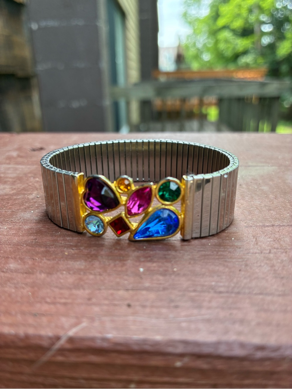 Multicolor Gemstone Stretch Bracelet - Silver Tone